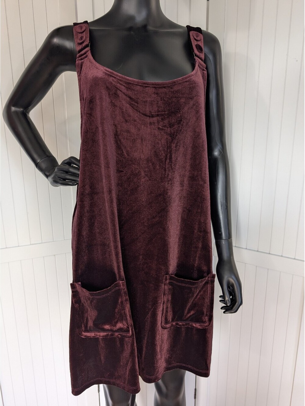 ModCloth XL Burgundy Velvet Jumper Dress Pinafore Mini Pockets Button Straps